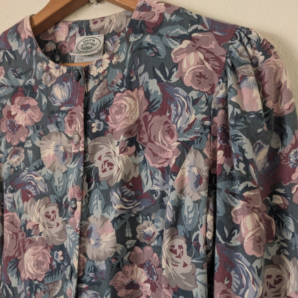 Vintage 80s Laura Ashley Floral Print Long-Sleeve Dress, Cotton/Wool Blend - Picture 6 of 12